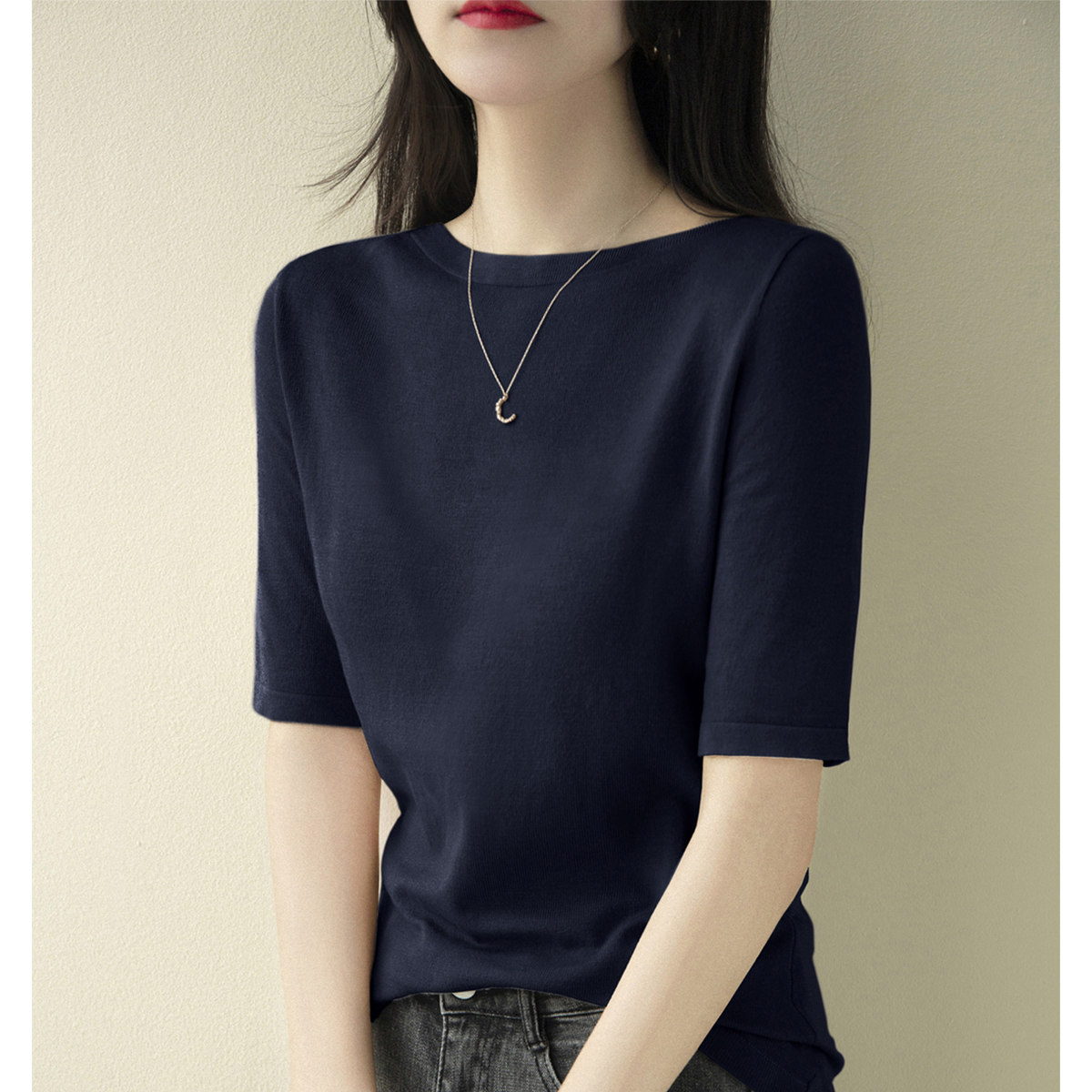 高级感秋季一字领百搭套头上衣女装时尚打底显瘦中袖宽松针织衫