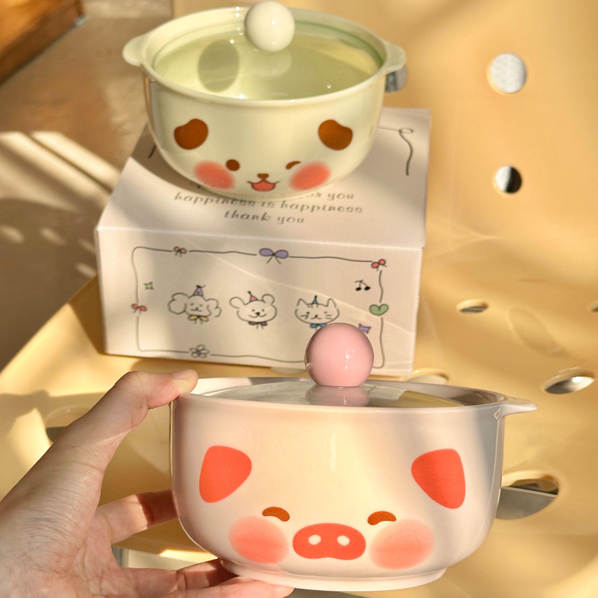 【四件套】可爱泡面碗带盖宿舍学生陶瓷方便面双耳螺蛳粉碗釉下彩