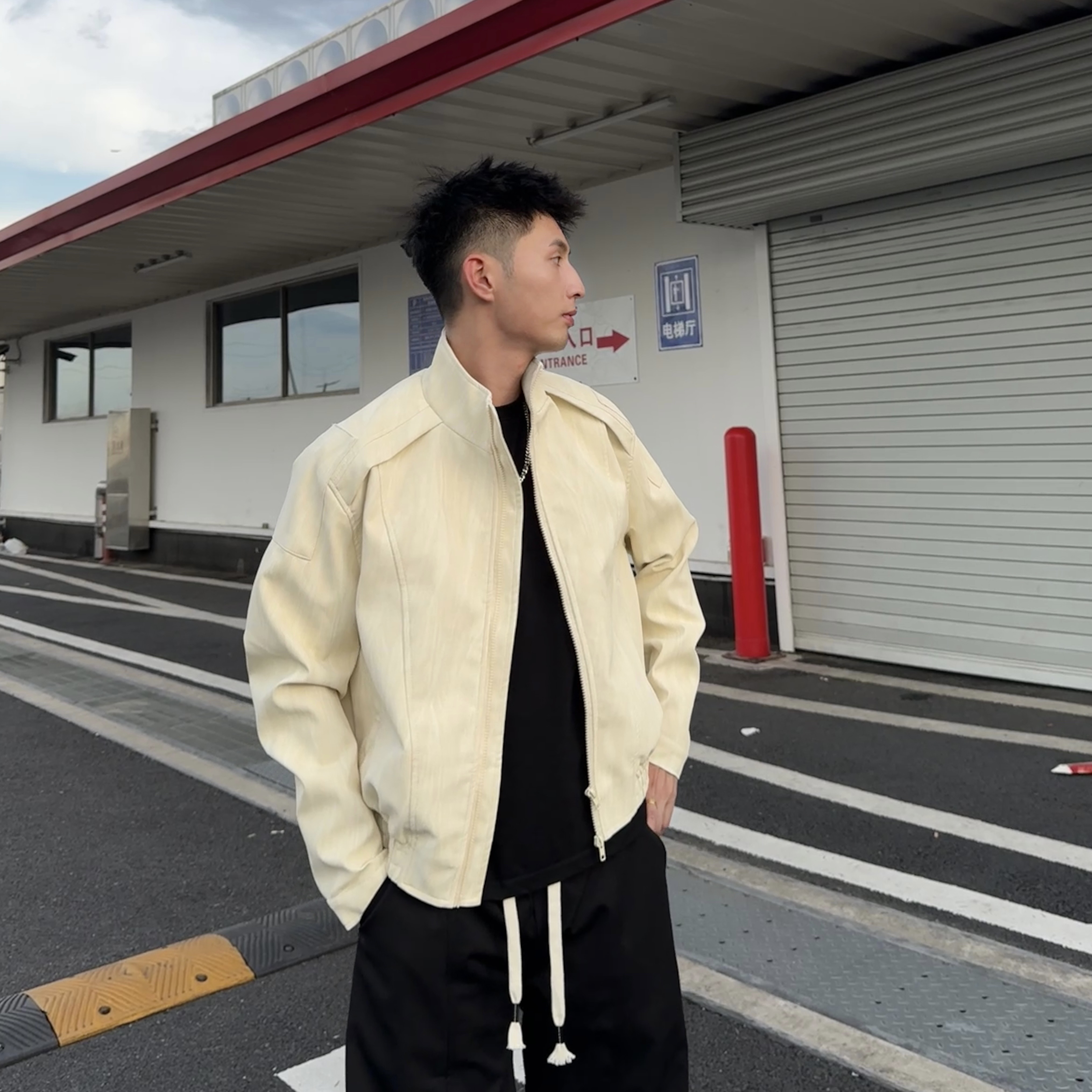 Aye早秋新品多裁片立体有型短宽cleanfit复古擦色皮衣夹克外套