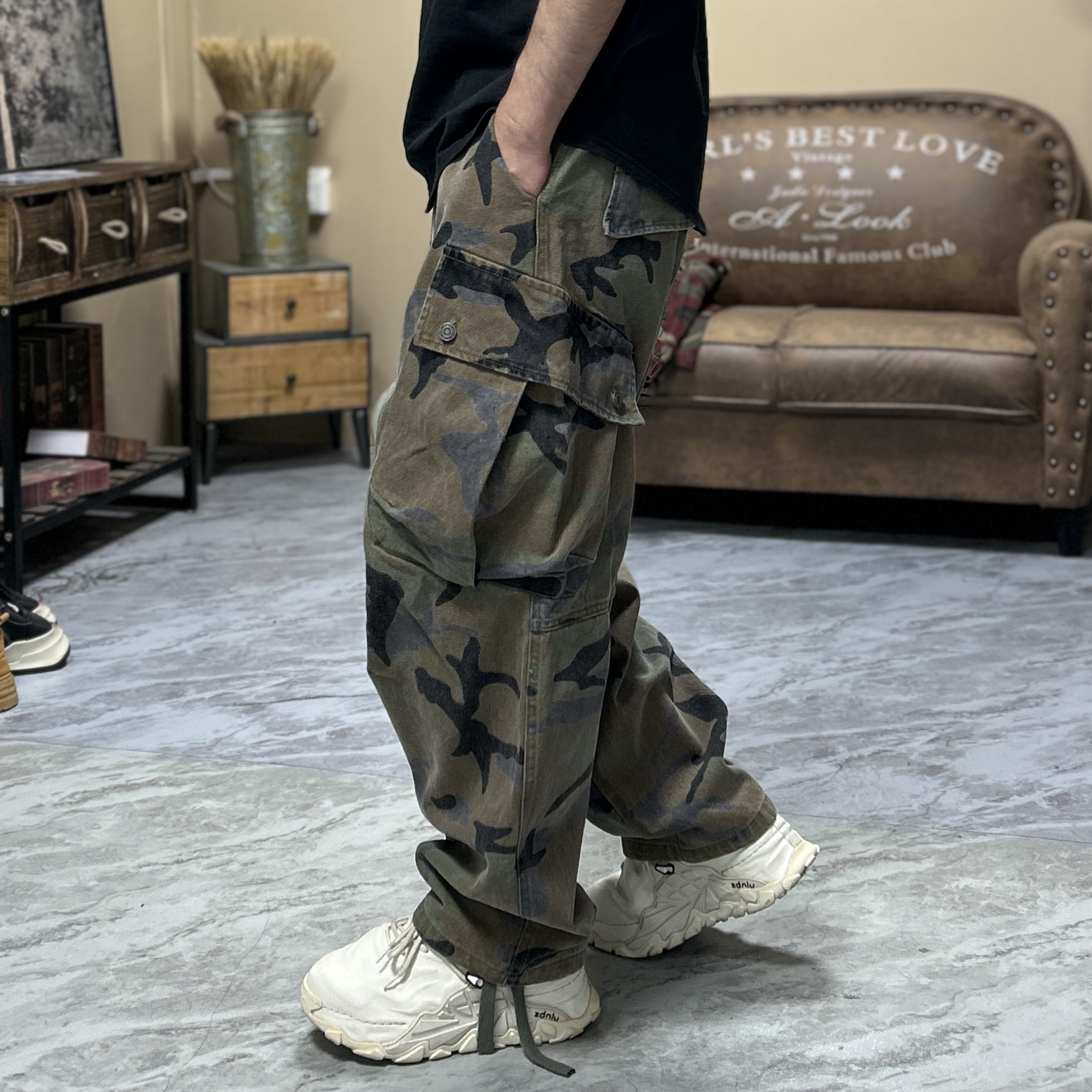 【玖澍】235黄迷彩秋冬新款复古风迷彩休闲裤直筒流浪丹宁风工装裤