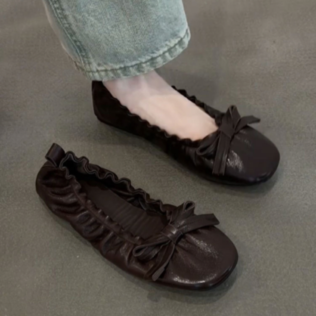 169-1真皮法式褶皱蝴蝶结单鞋2025复古软底玛丽珍女鞋