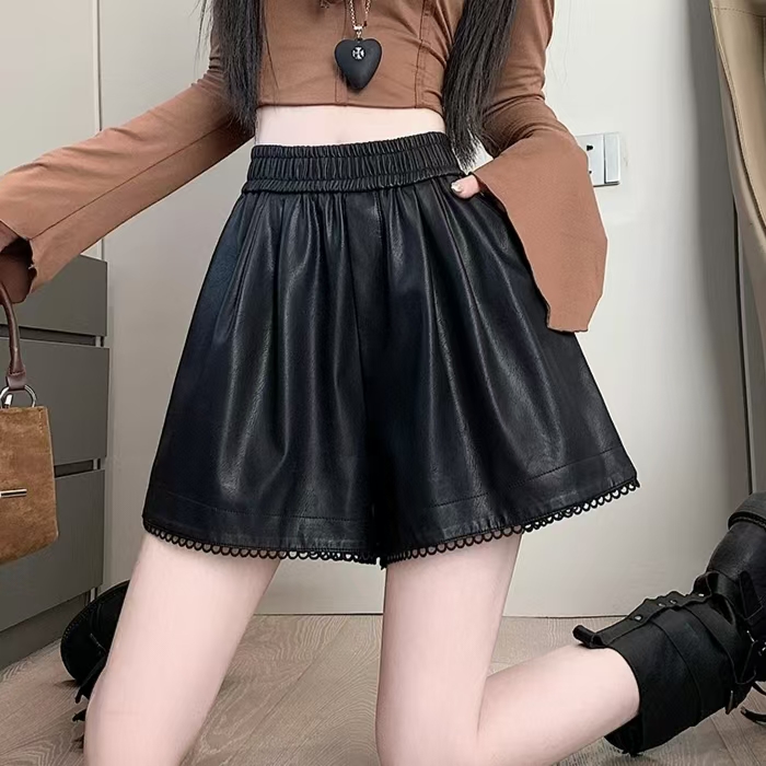 pu皮裤阔腿短裤女秋冬外穿松紧高腰显瘦蕾丝花边休闲百搭a字靴裤