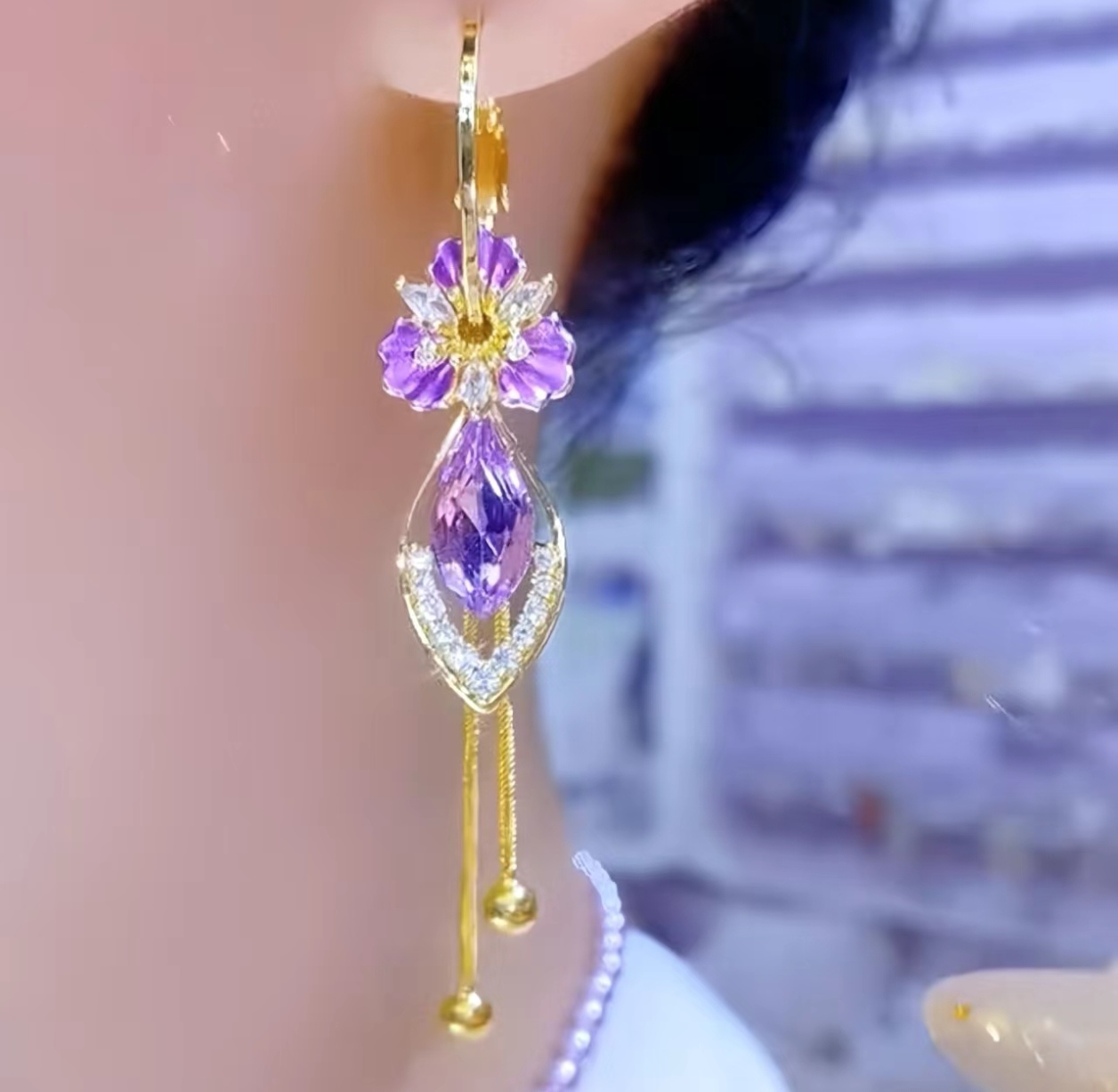 锌合金仿水晶耳饰 时尚紫色花朵耳环轻奢气质百搭小众设计感耳环