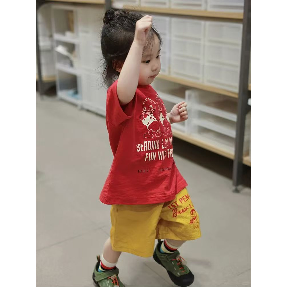 女童儿童夏季套装2025新款红色唐老鸭短袖T恤短裤速干裤两件套