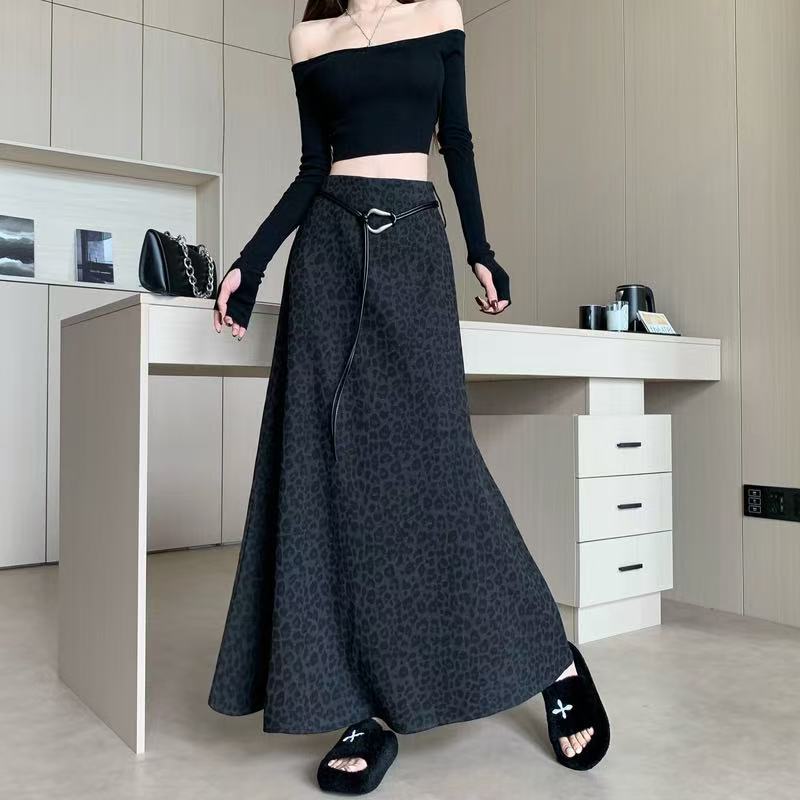 美式复古高腰遮跨豹纹长裙女秋季新款韩版宽松垂感包臀鱼尾裙