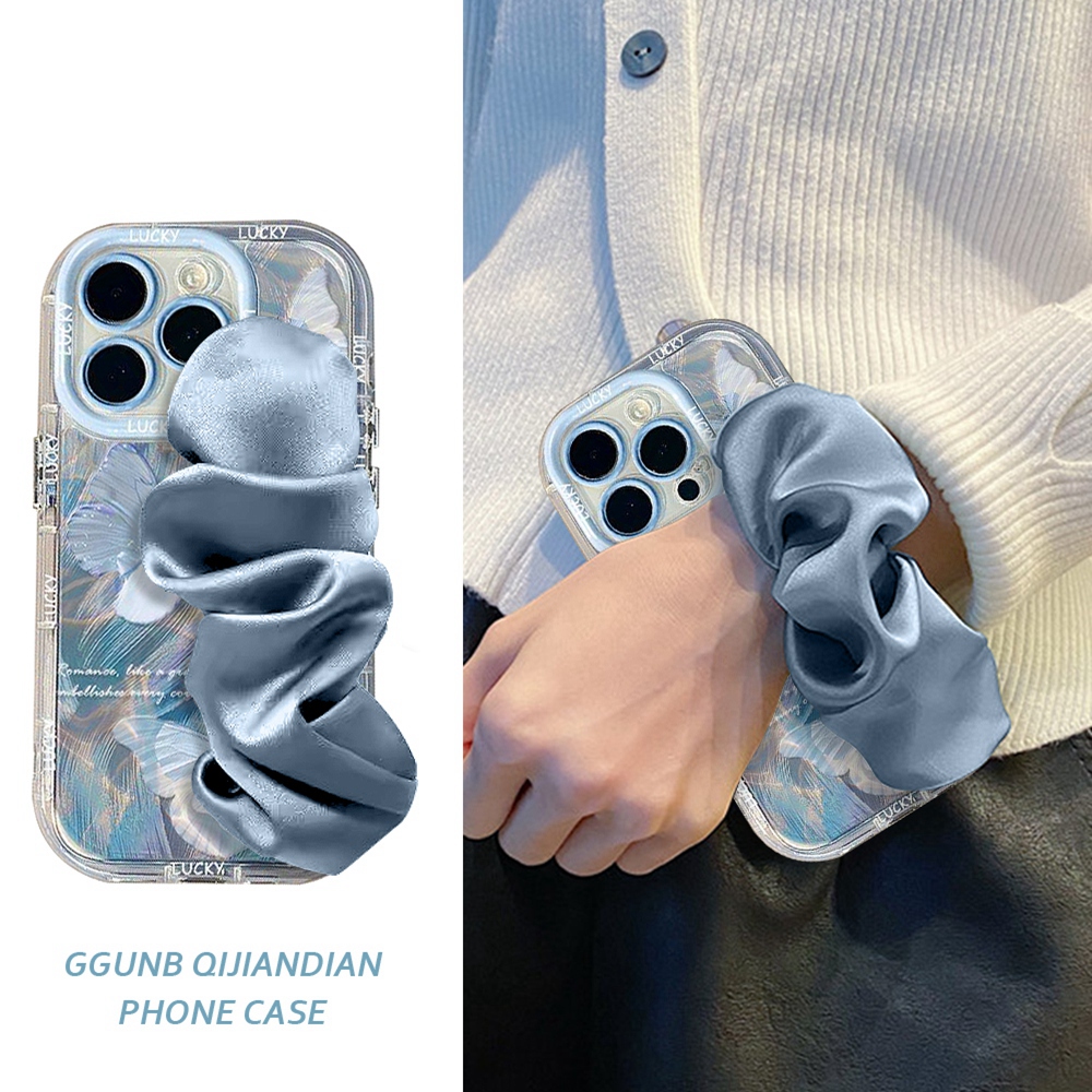 羽纱渐变蓝蝴蝶丝绸腕带适用iphone14promax苹果15pro手机壳13/12