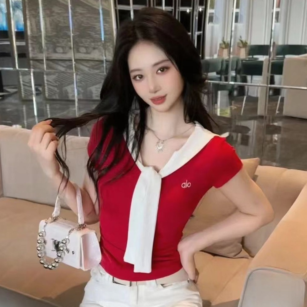 2025夏季新款撞色V领假两件拼接披肩短袖T恤女修身显瘦百搭女上衣