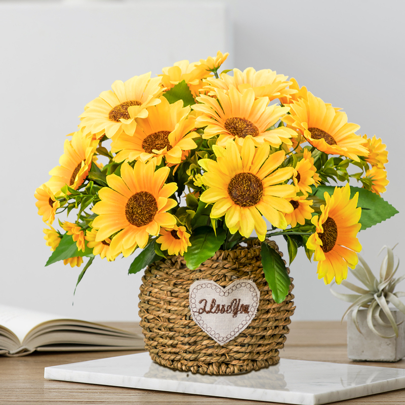 向日葵假花摆件仿真花装饰花客厅家居酒柜花束手工草编花篮摆放