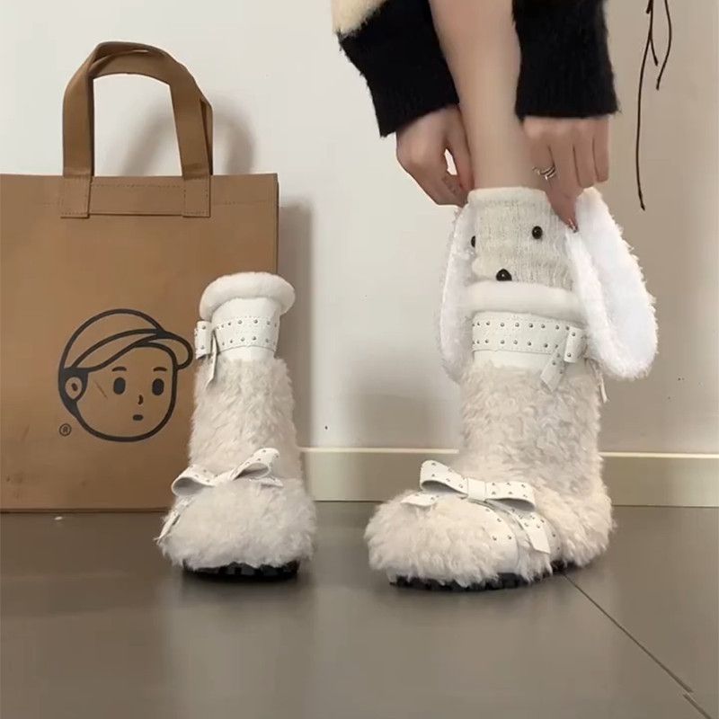 网红爆款毛绒雪地靴女2025冬季新款蝴蝶结皮带扣厚底显瘦保暖靴子