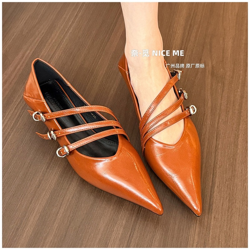 NICE ME~3.5cm显瘦法式甜美蝴蝶结棕色尖头猫跟单鞋女宴会后空鞋~