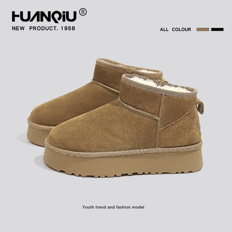 雪地靴女款爆款2025新款保暖中筒冬季圆头百搭时尚厚底真皮短靴女