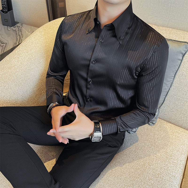 高级感条纹衬衫男款爆款2025新款春秋商务休闲时尚大尖领衬衣男