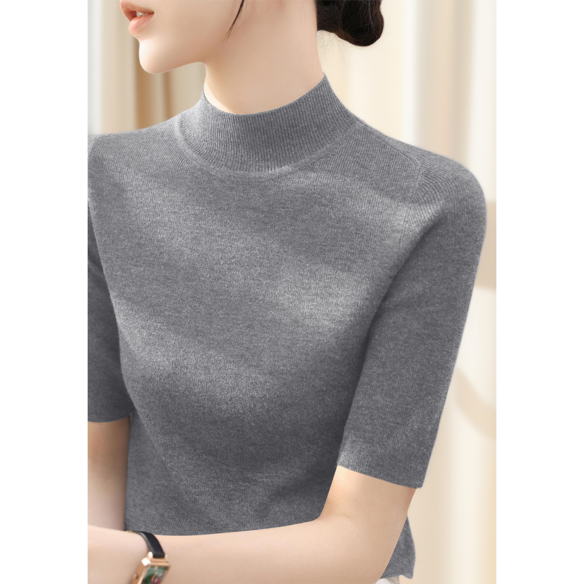 秋季修身中袖半高领打底五分袖针织衫女装韩系穿搭内搭高级感上衣