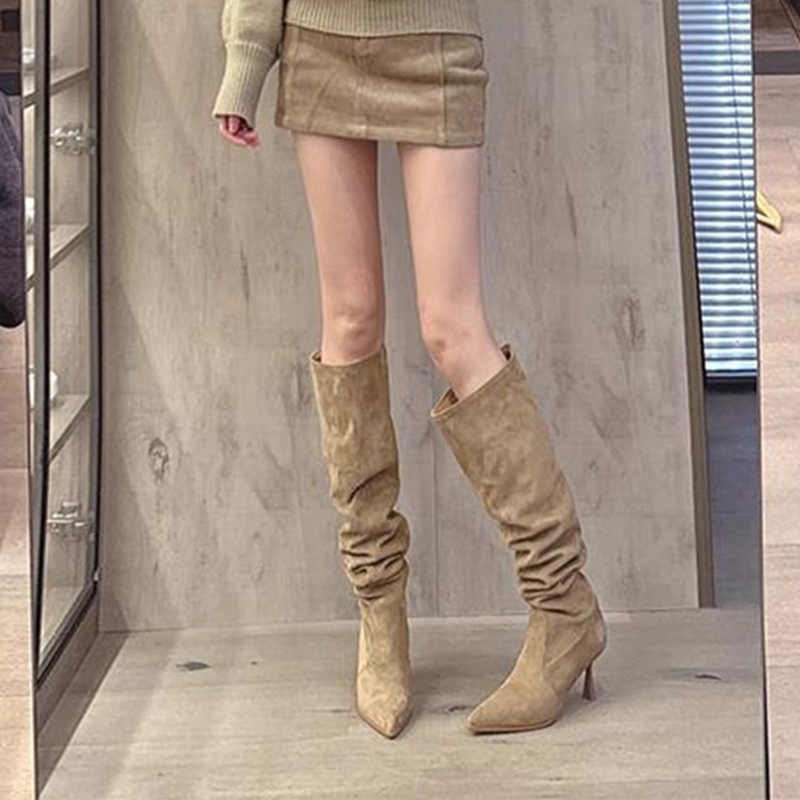 时装靴网红瘦瘦靴绒面高跟褶皱堆堆靴2025秋冬新款尖头细跟高筒靴