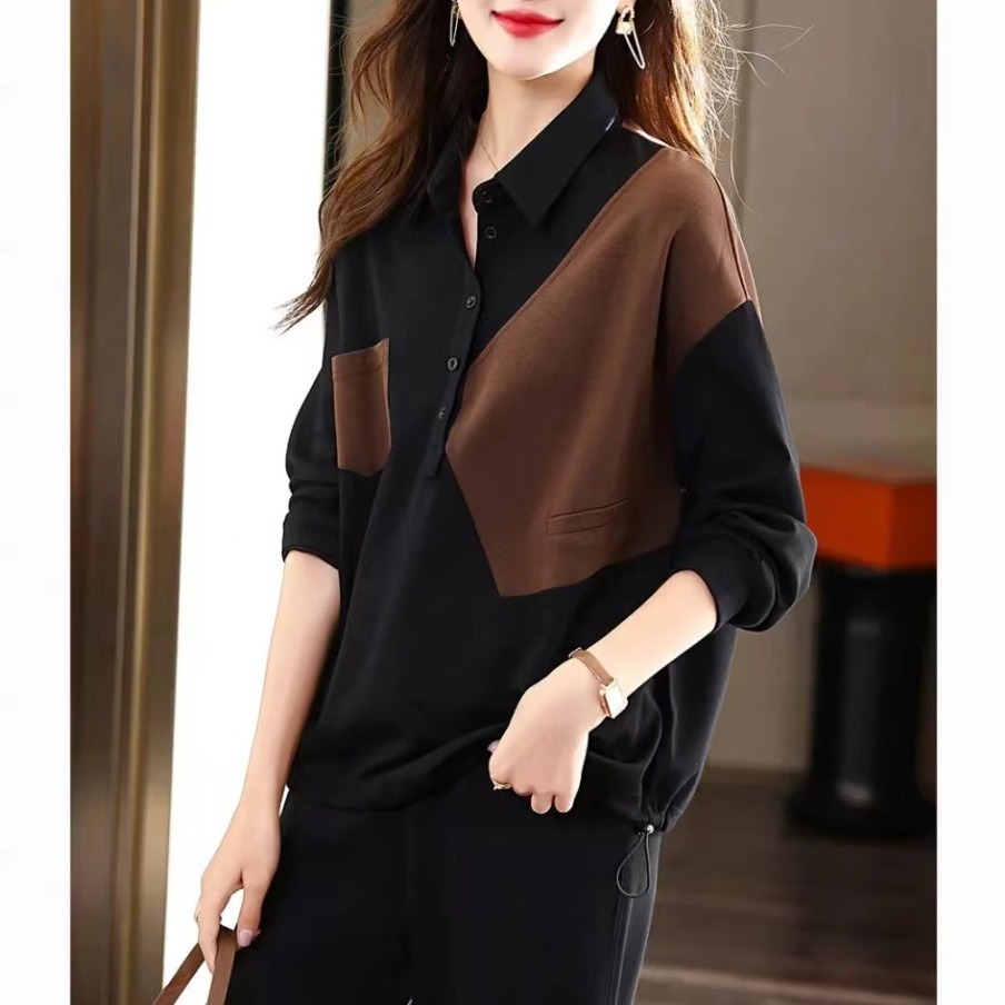 秋装上衣卫衣拼接拼色长袖拉链翻领休闲女装立领宽松石墨烯洋气