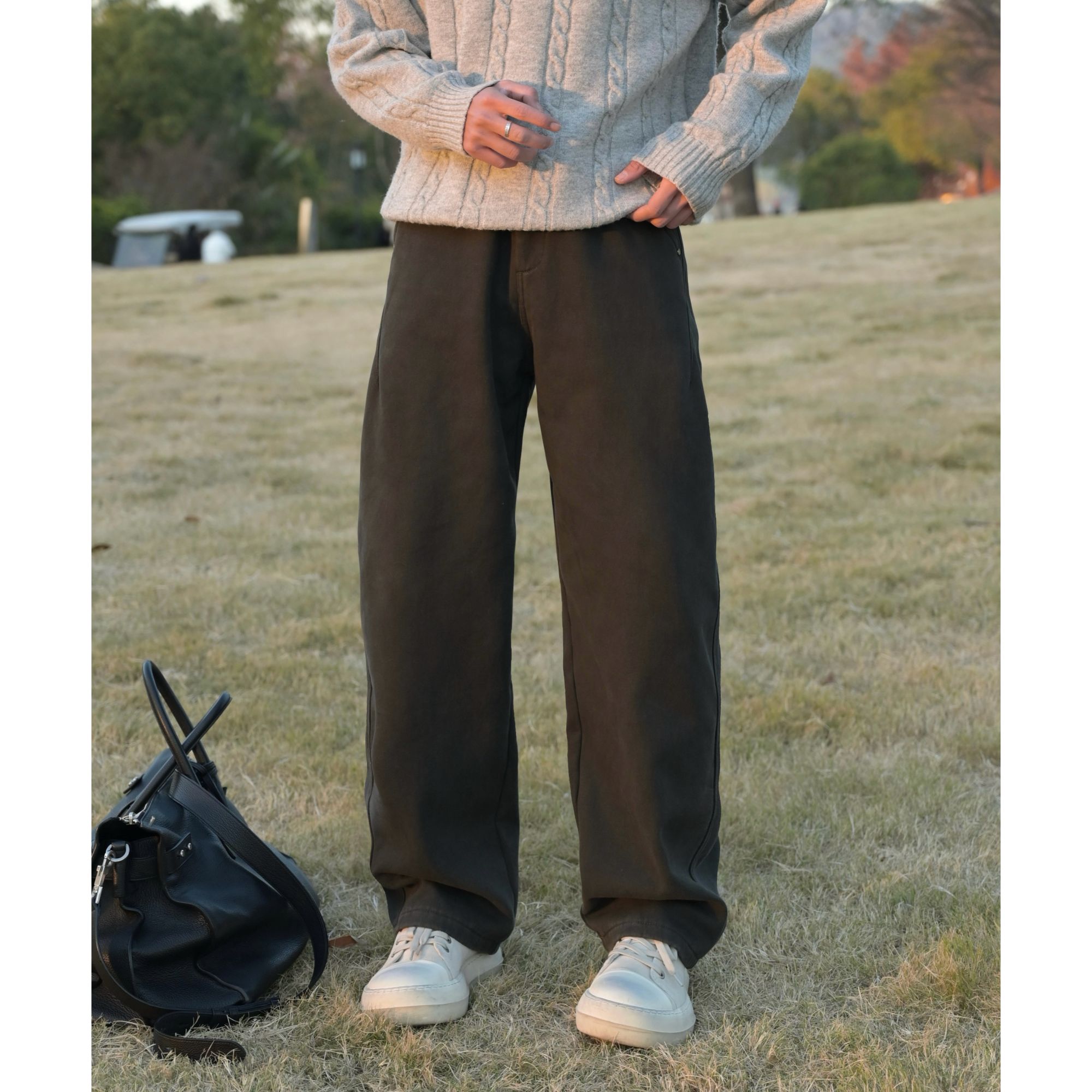 IJT studio冬季加绒加厚100%全棉磨毛水洗直筒松弛感休闲长裤