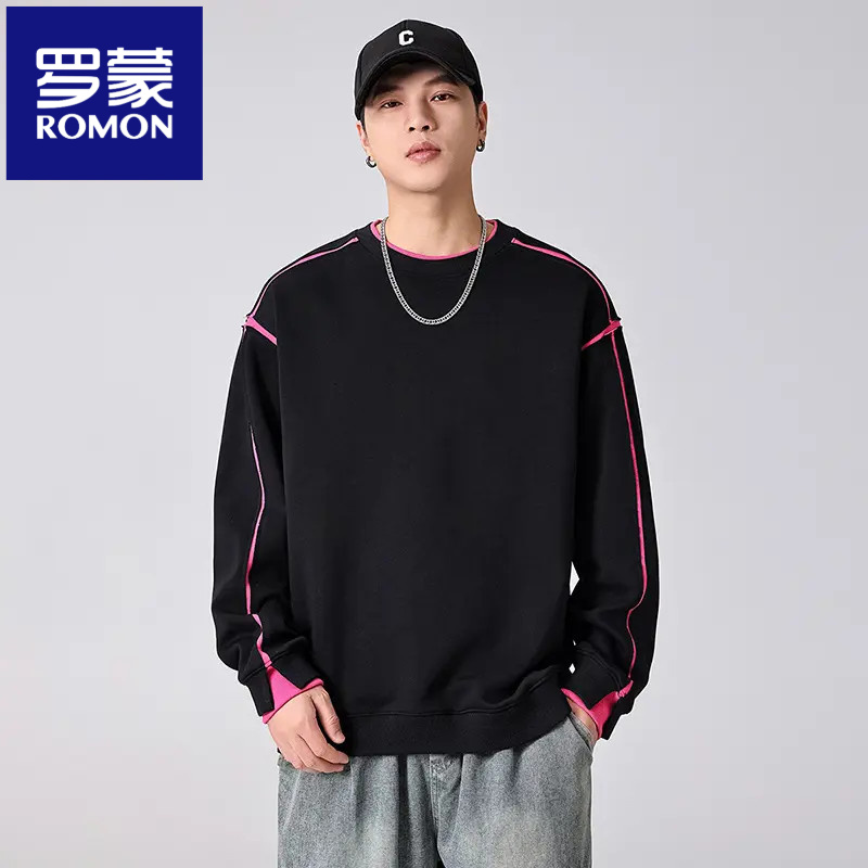 罗蒙秋冬季新款潮流宽松拼接圆领休闲上衣男士长袖打底衫卫衣男款