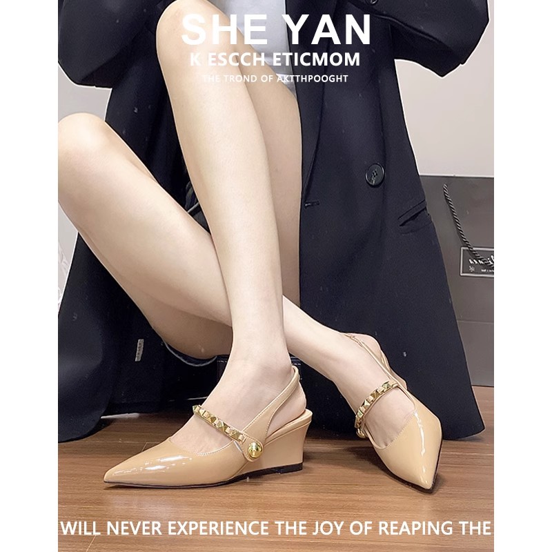 羊皮版裸色坡跟高跟鞋女2025年夏季新款包头凉鞋法式浅口尖头单鞋