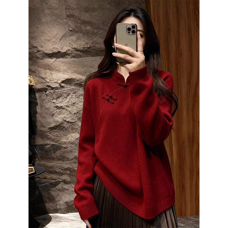 新中式红色斜襟盘扣毛衣改良唐装2025新款冬季加厚针织衫外穿内搭