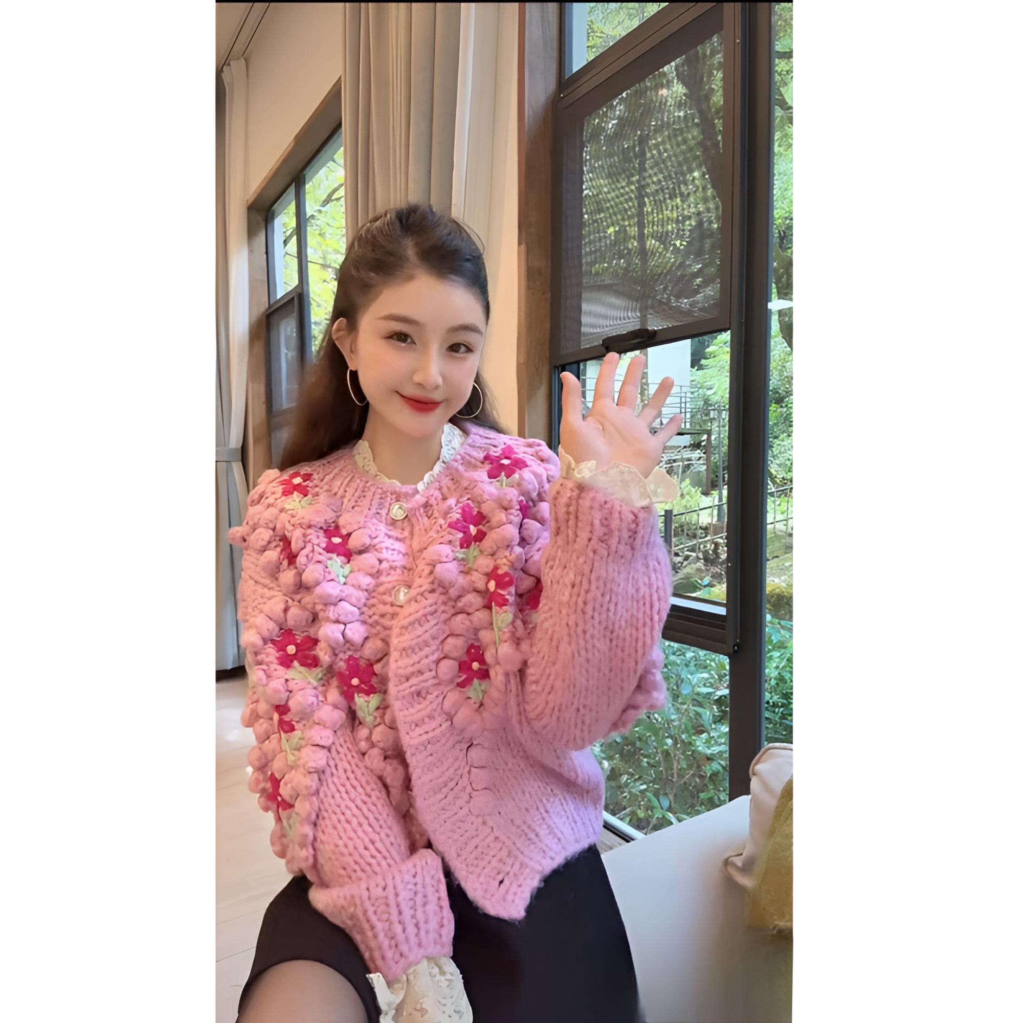 冬季新款重工手打粗棒针豆豆钩花加厚甜美减龄毛衣外套女 YY70913