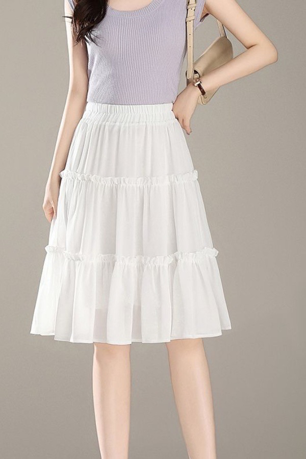 冰丝皱褶白色高腰半身裙小个子显瘦A字百褶裙遮肚子蛋糕裙夏季