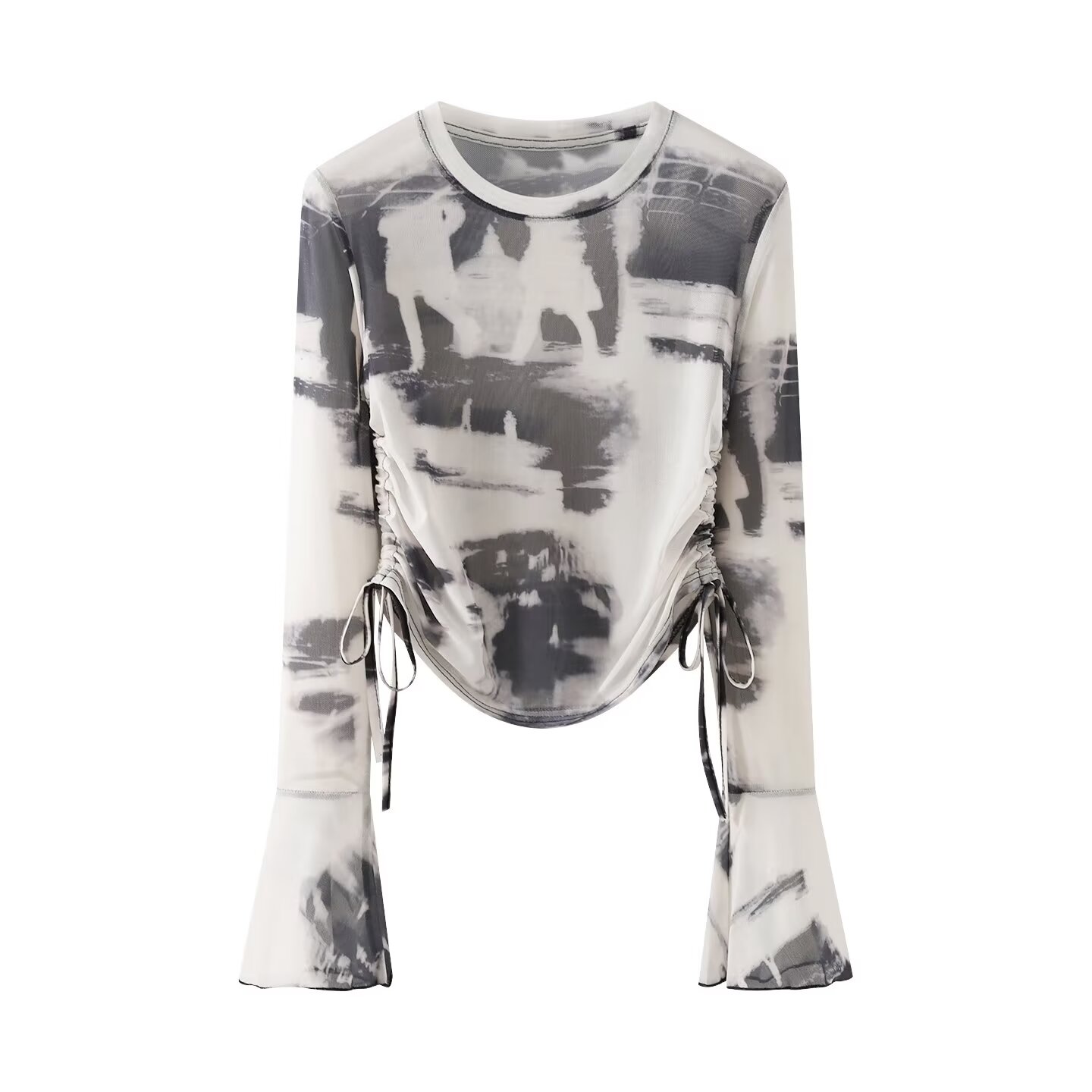 95782秋季新款复古扎染内搭打底衫女设计感小众抽绳收腰显瘦上衣