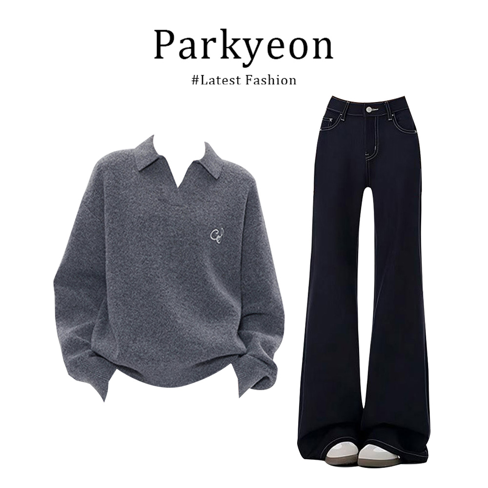 韩式慵懒风翻领针织衫长袖上衣气质显瘦百搭牛仔裤两件套