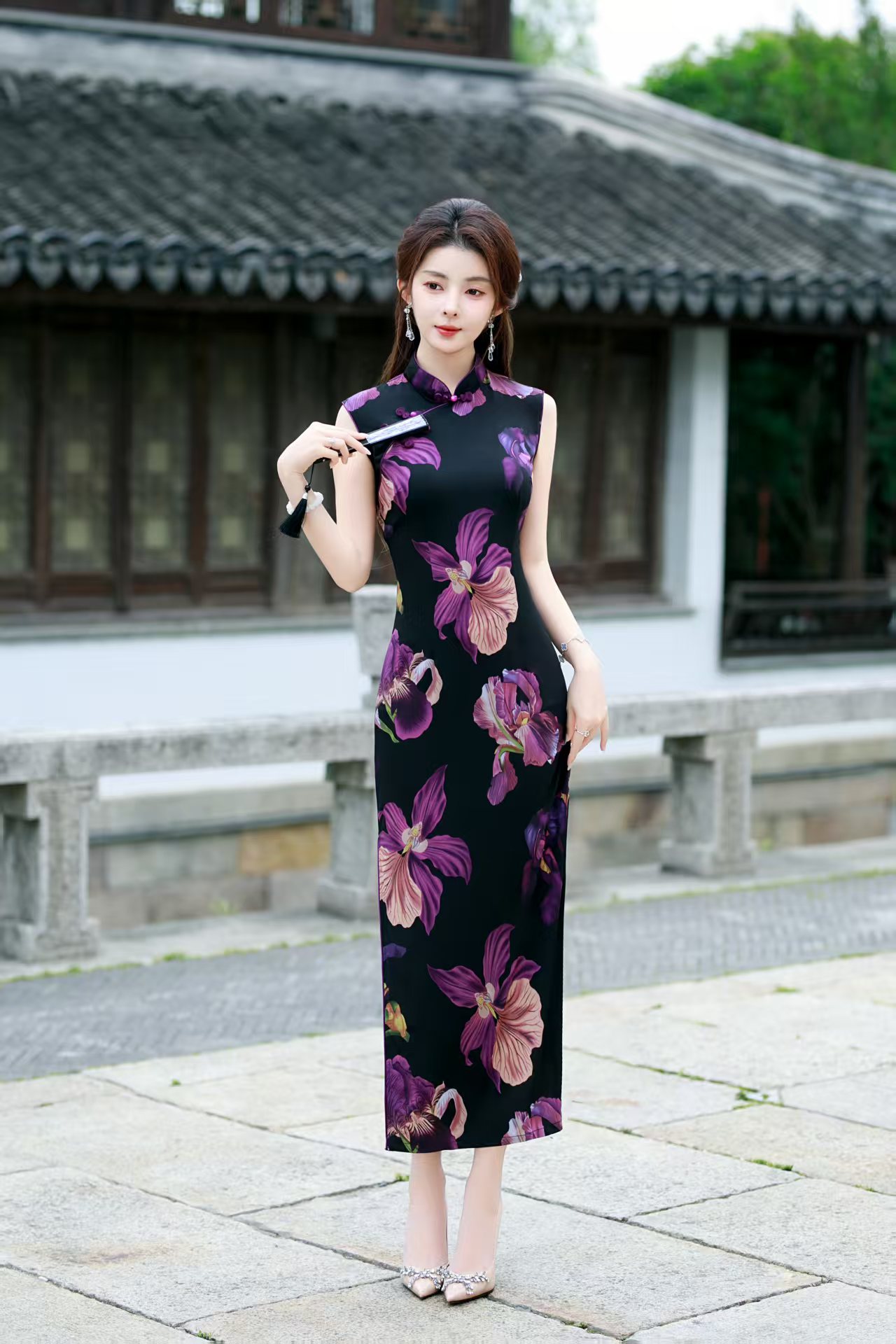 8840-bzy紫色国风长款无袖改良旗袍2025新款年轻款女复古修身日常