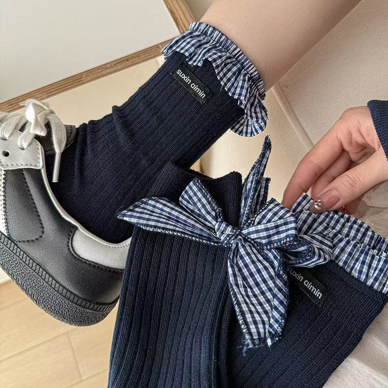 日系爆款蓬边饰品长筒堆堆袜藏蓝系甜美花边格子蝴蝶结中筒袜子AA