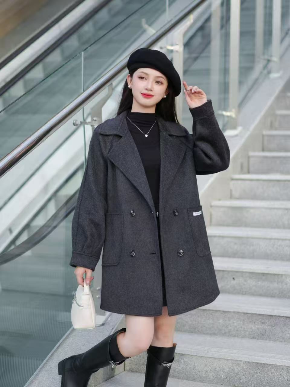 秋冬新款气质高端中长款柔软宽松版双面保暖韩版呢子大衣8077