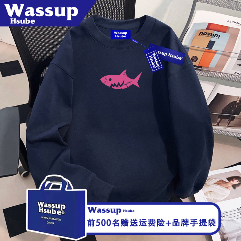 WASSUP HSUBE卡通鲨鱼印花T恤ins男女藏青色长袖秋季100%纯棉上衣