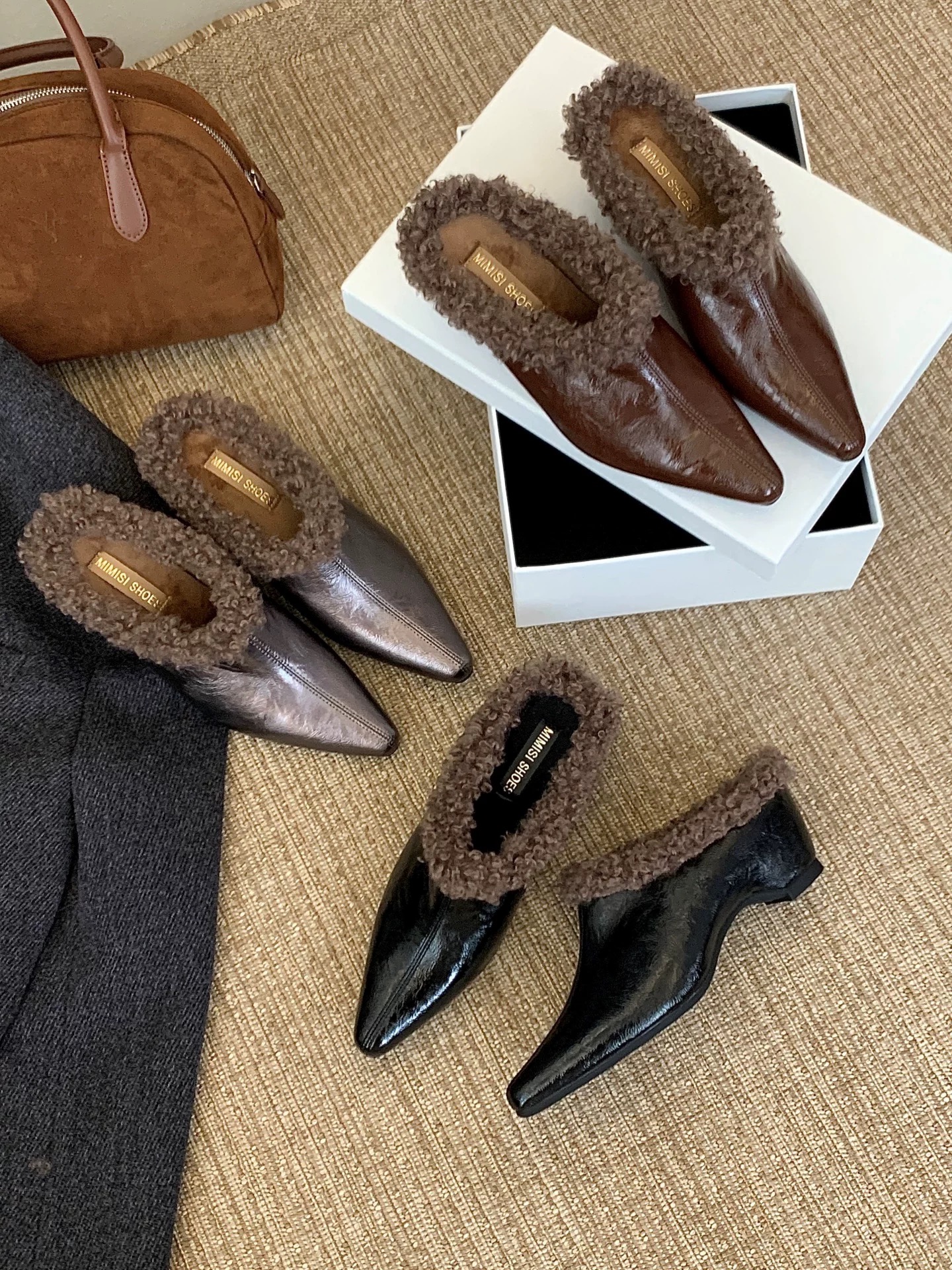 2025年秋冬季新款时尚百搭尖头内增高加绒保暖毛毛鞋女外穿半拖鞋