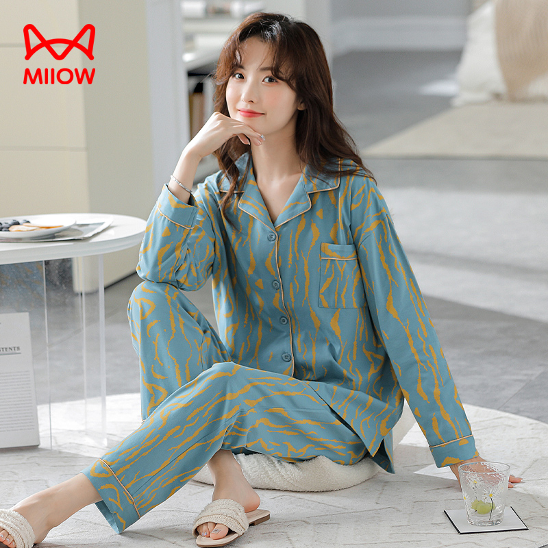 猫人2025新款纯棉睡衣女春秋季长袖开衫套装秋冬天高级感家居服