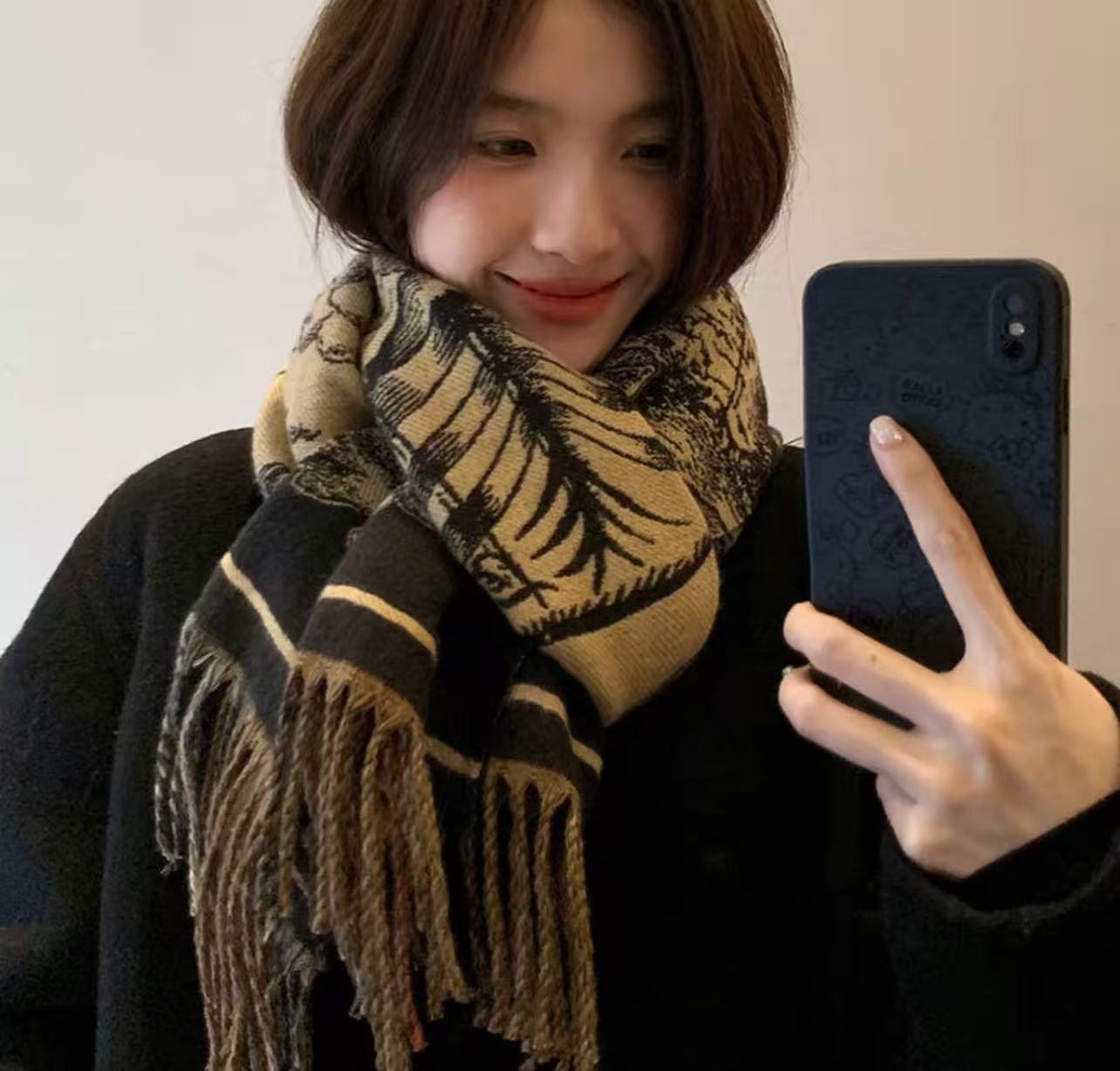 加厚战马格子双面仿羊绒围巾女冬季时尚流苏保暖围巾女网红百搭