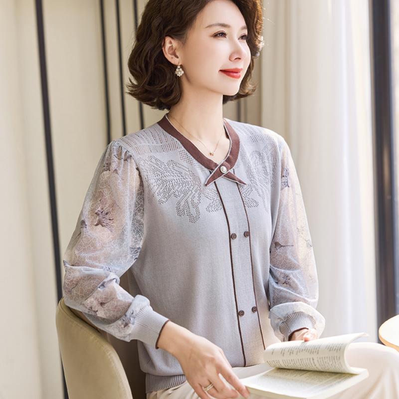 雅鹿优选妈妈春装长袖针织打底小衫2025新款中老年女春秋时尚纱袖