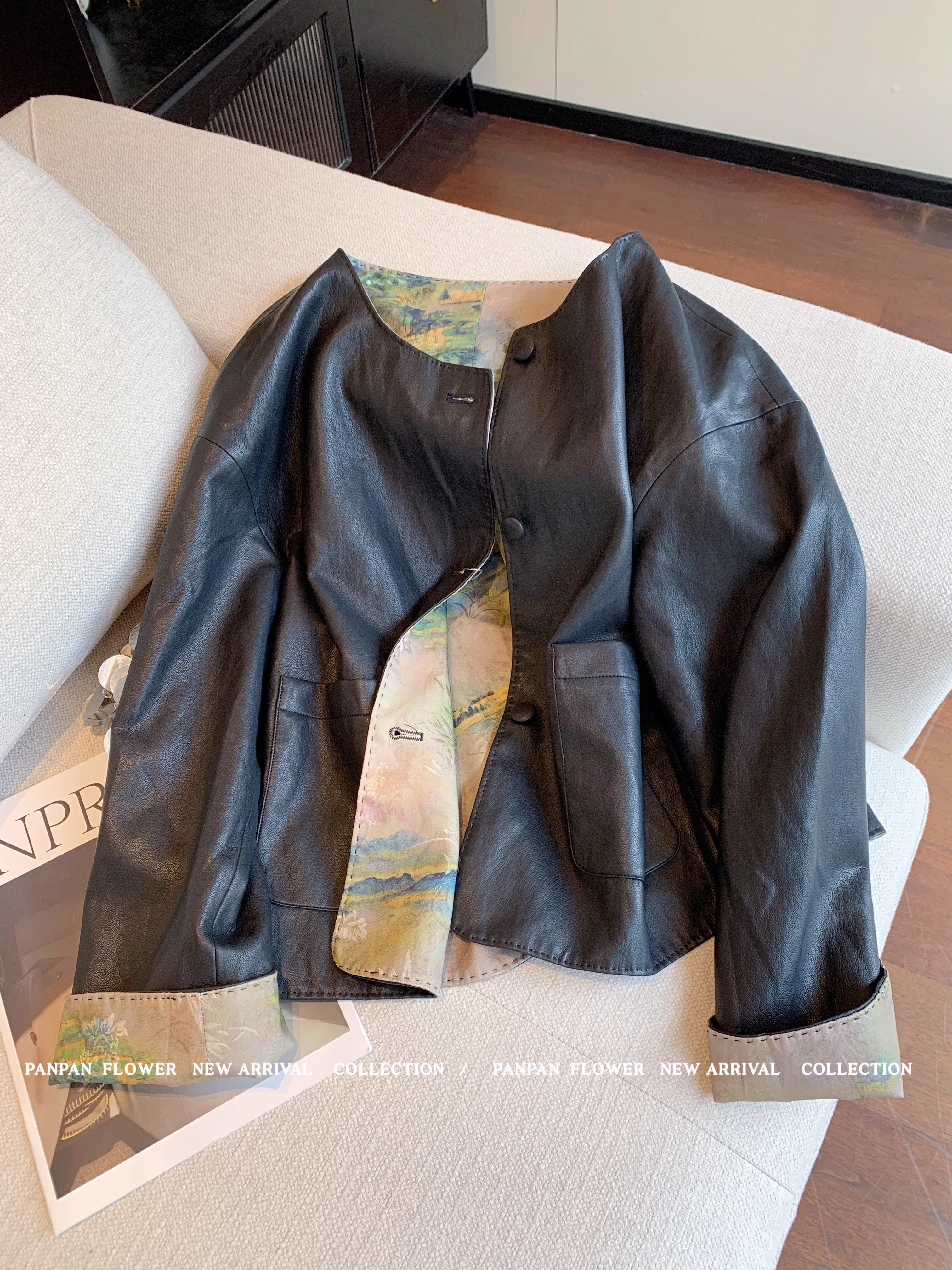 轻奢高级感宽松休闲国风撞色夹克黑色圆领皮衣外套女秋冬2025新款