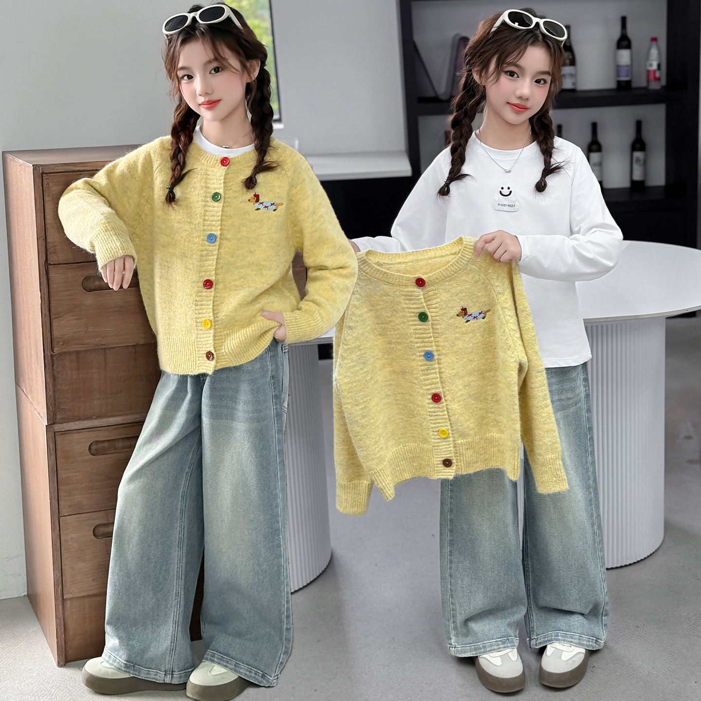 女童套装春秋款2025新款女大童韩系穿搭儿童秋装毛线外套三件套潮