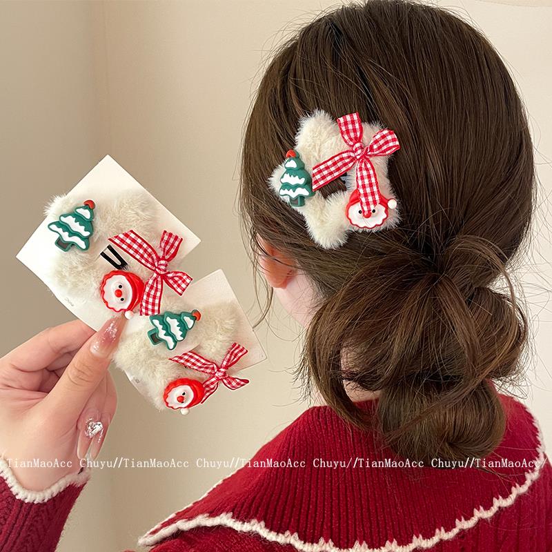 圣诞毛绒五角星发夹女可爱卡通节日圣诞树侧边夹秋冬发卡bb夹发饰
