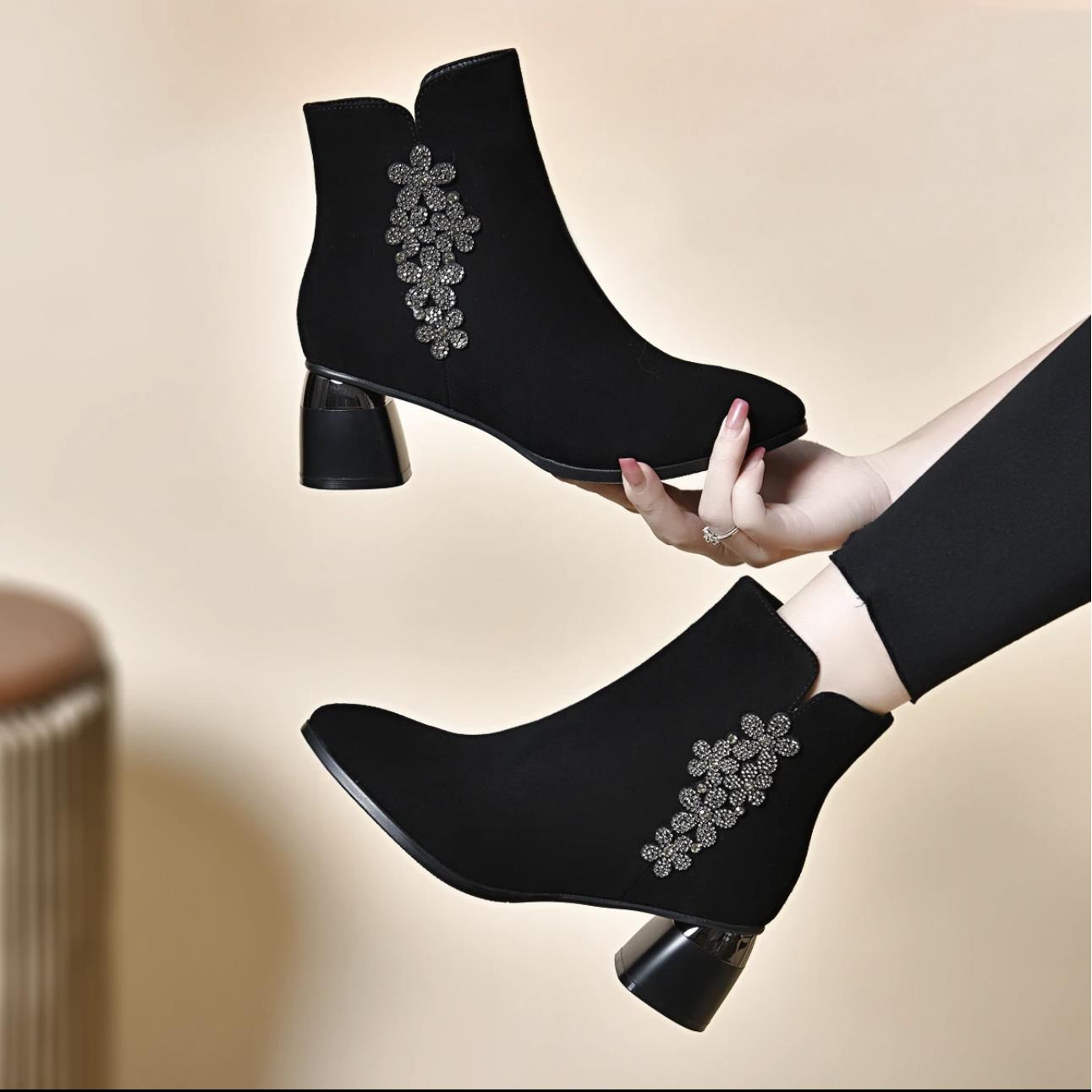 2025新款真皮磨砂小短靴女春秋季单靴软皮粗跟高跟绒面羊皮及踝靴