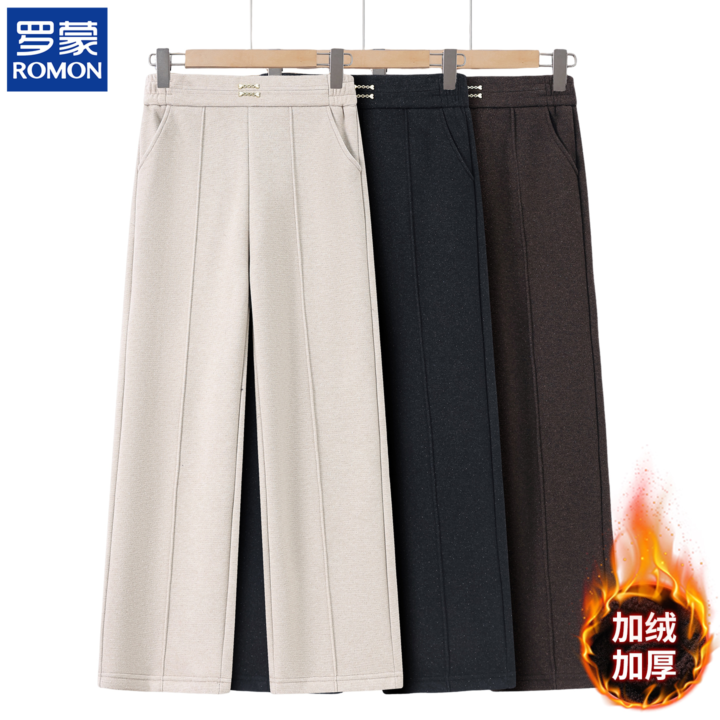 罗蒙妈妈冬装加绒加厚裤子中老年女装新款百搭直筒裤中年保暖长裤