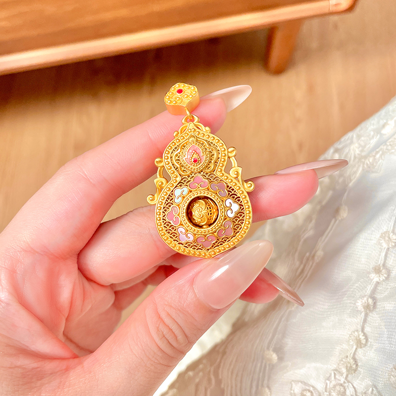 吊坠足银珐琅 「粉桃葫芦」足银999.9葫芦编绳描金吊坠镀金吊坠项链