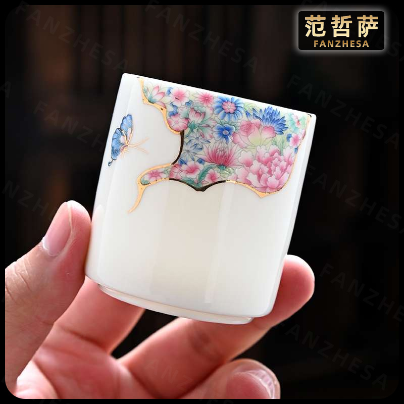 范哲萨中式茶杯羊脂玉白瓷喝茶杯功夫茶杯品茗杯主人杯个人专用茶