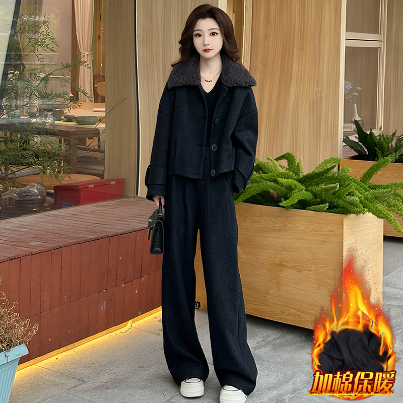加厚韩系纯色休闲套装女2025年冬季新款保暖毛领外套阔腿裤两件套