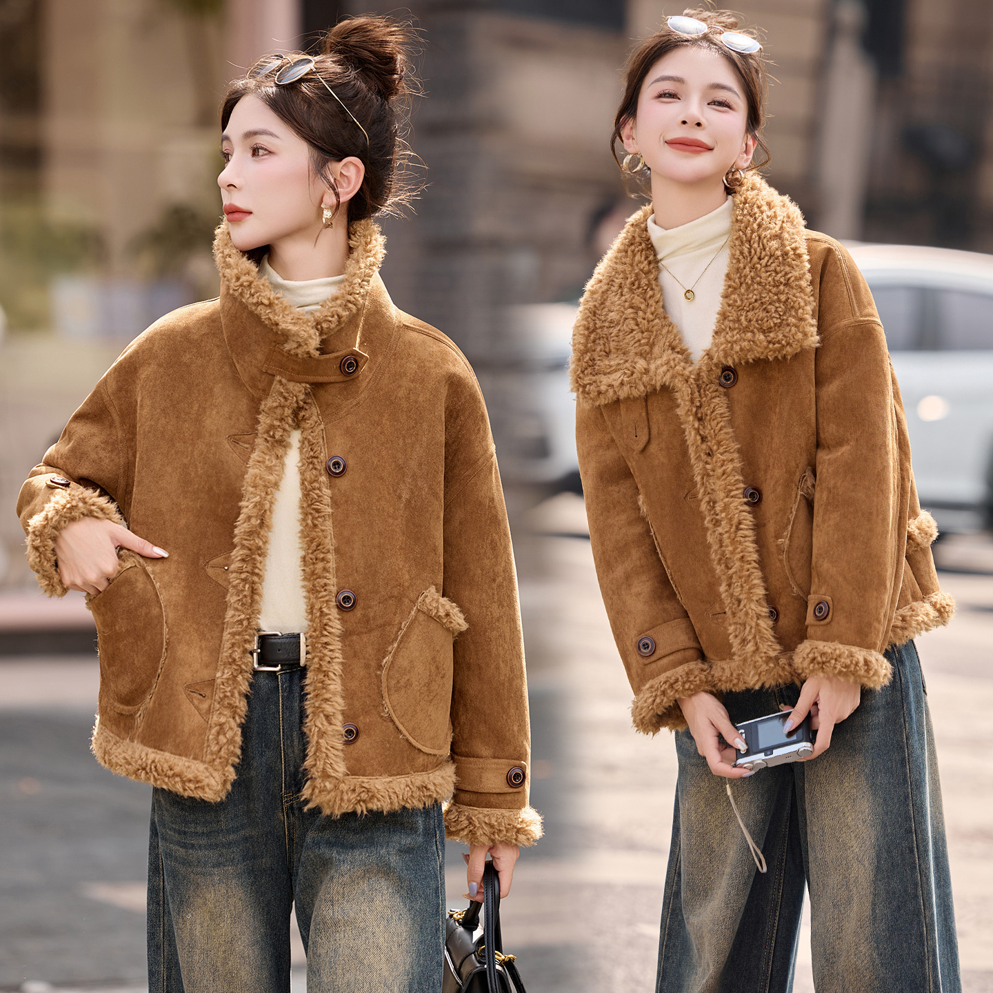 时尚气质皮毛一体短外套女2025冬季新款高级感显瘦百搭夹克上衣