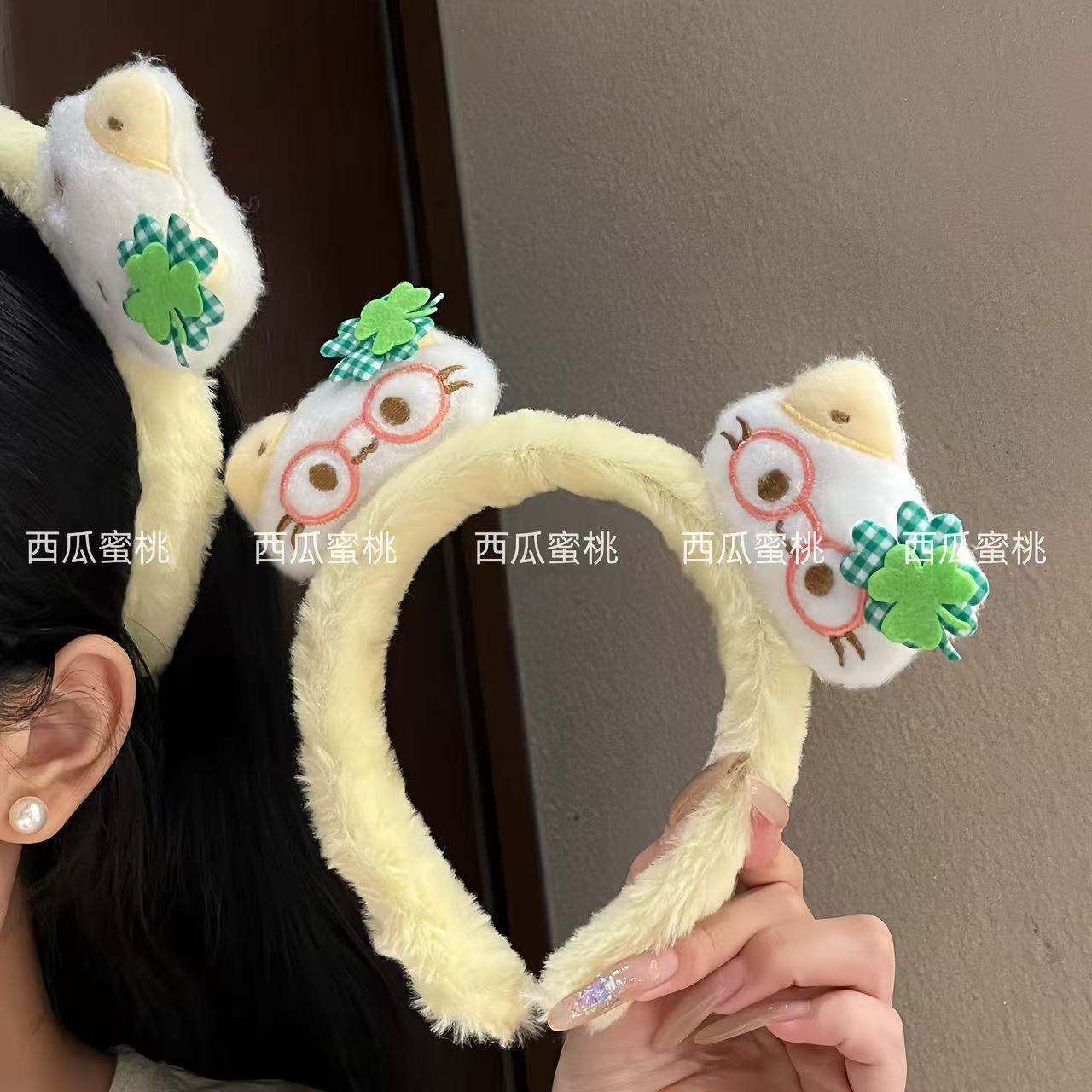 新款四叶草幸运小猫发箍可爱卡通头箍可爱猫咪毛绒洗脸头箍发饰