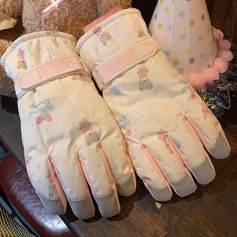 可爱小熊棉手套女冬季防寒保暖骑行车加绒加厚滑雪触屏防风防寒