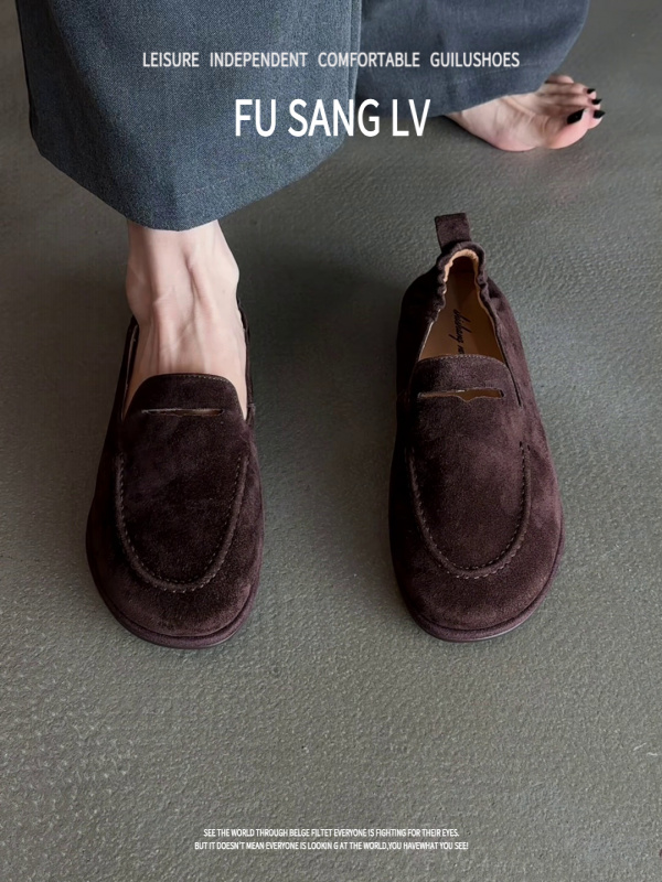 羊皮版~2025新款复古风简约圆头平底一脚蹬乐福鞋小皮鞋单鞋女