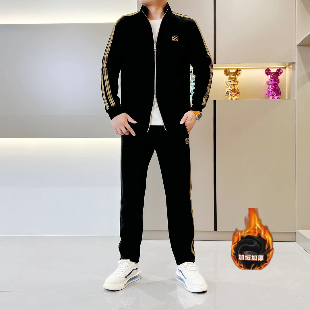 25男士秋冬开衫套装轻奢百搭潮流运动立领拉链运动服加绒套装9101