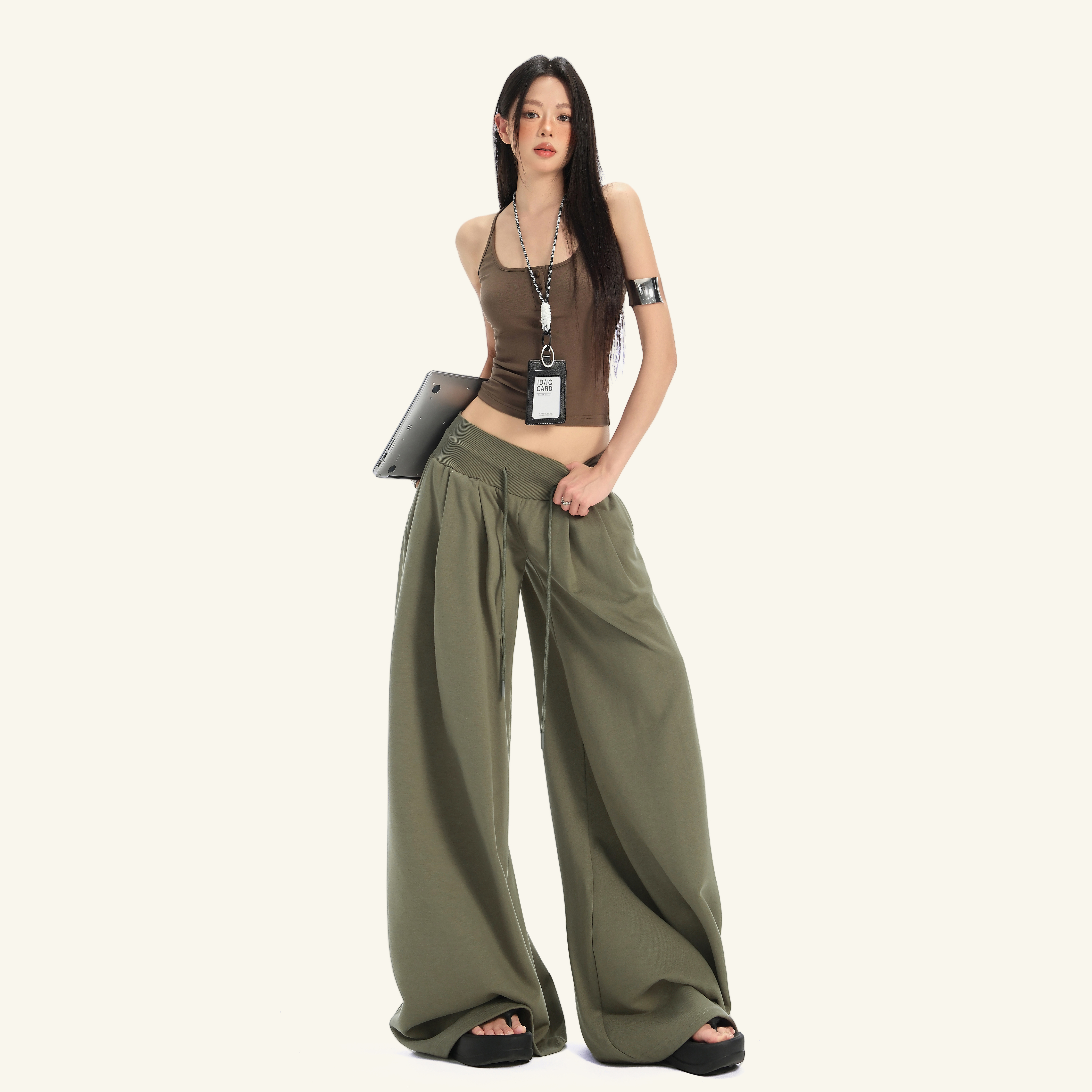 MNGRL 灰绿色低腰抽绳阔腿运动裤女宽松垂感休闲卫裤慵懒感拖地裤