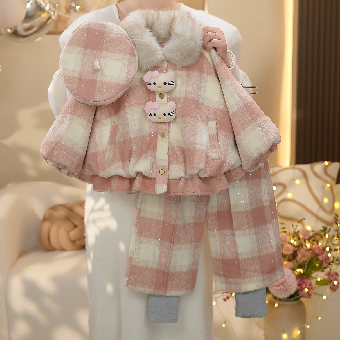 女童2025冬季新款洋气加毛加厚格子毛呢外套阔腿裤套装YY1688